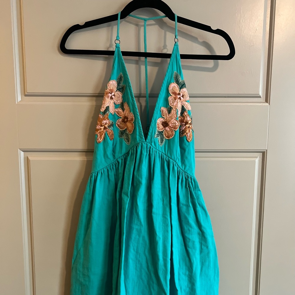 Free People Teal Dress with Floral Embroidery